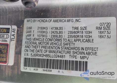 2020 Honda Cr-V Awd Ex-L z USA, uszkodzony, nr VIN 5J6RW2H85LL024481